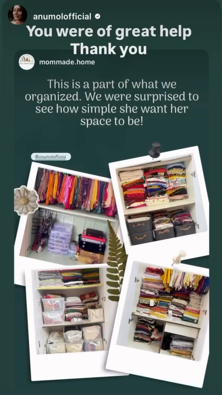 Anumol thanking Mom Made Home, with photos of her organized wardrobe